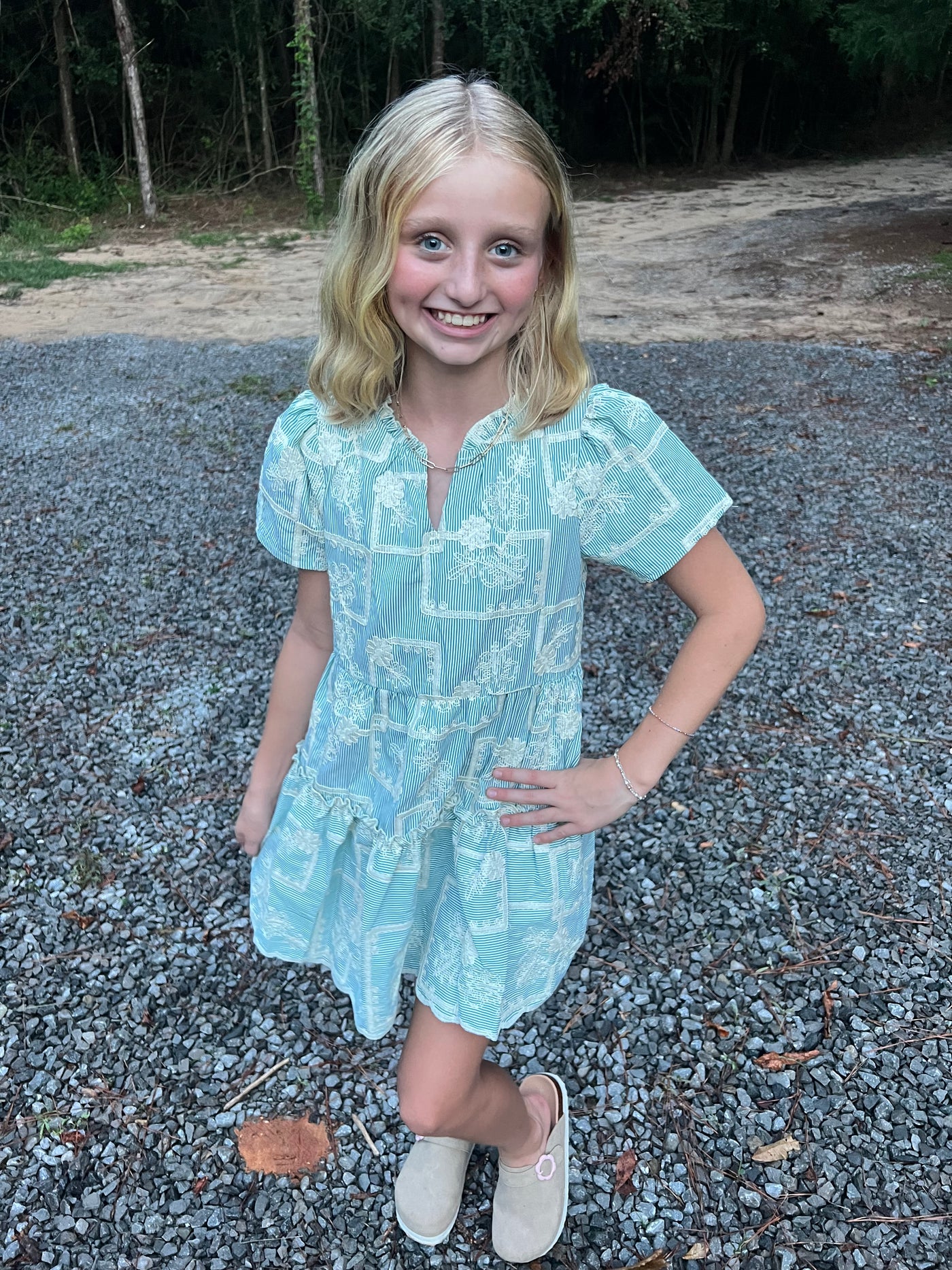 Girls Embroidered Stripe Dress