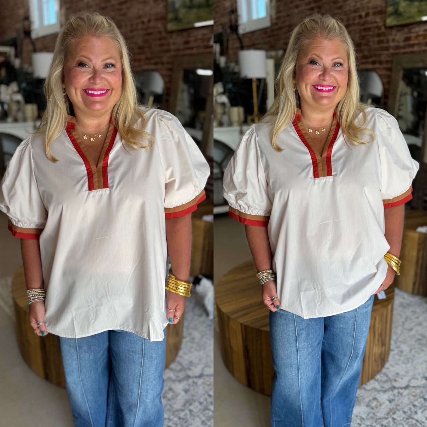 Ecru Contrst Rust Trim Top