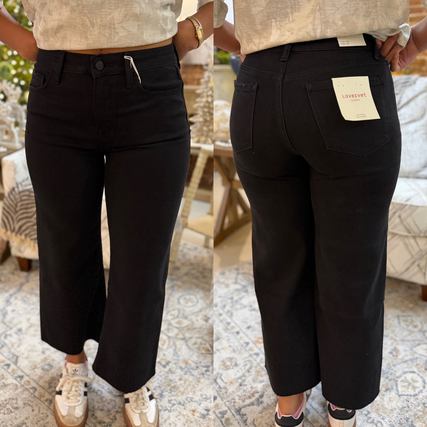 Black Raw Hem Crop Wide Leg