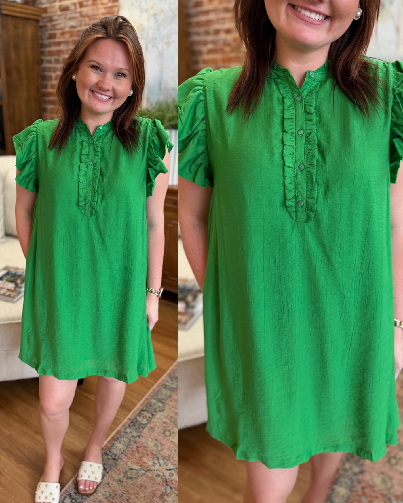 green dress with 20 buttons and a strap Lucia Bottle Green Crepe Midi Dress  Finery London