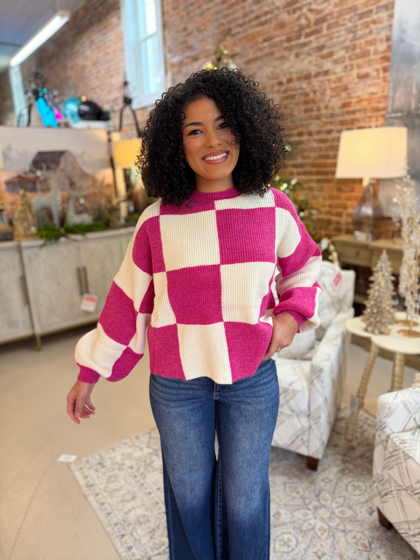Fuchsia Check Sweater