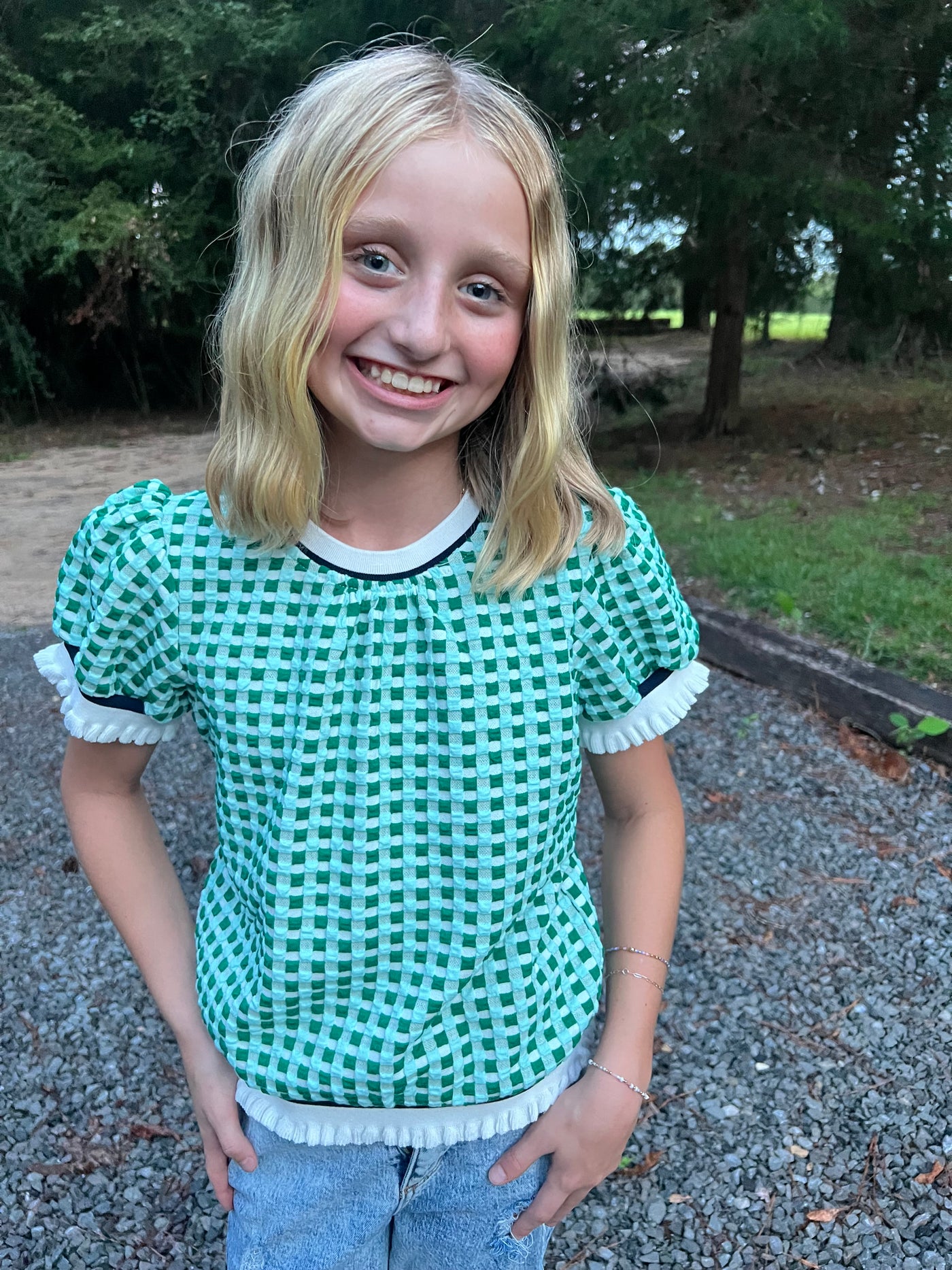 Girls Puff Plaid Top