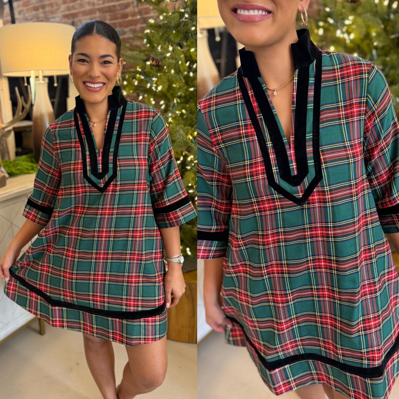 Velvet Trim Tartan Dress