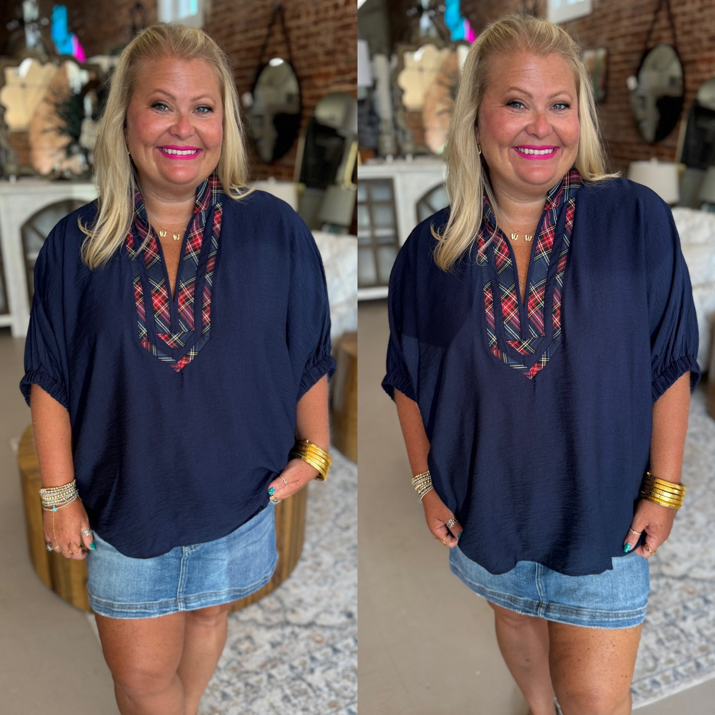 Navy Plaid Detail Blouse