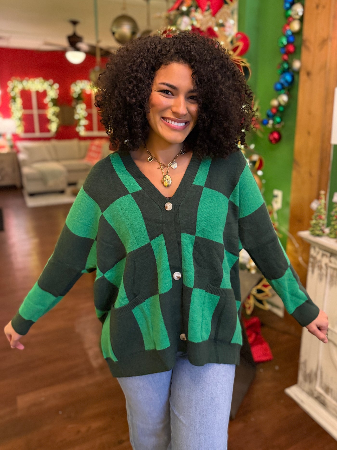 Green Check Cardigan