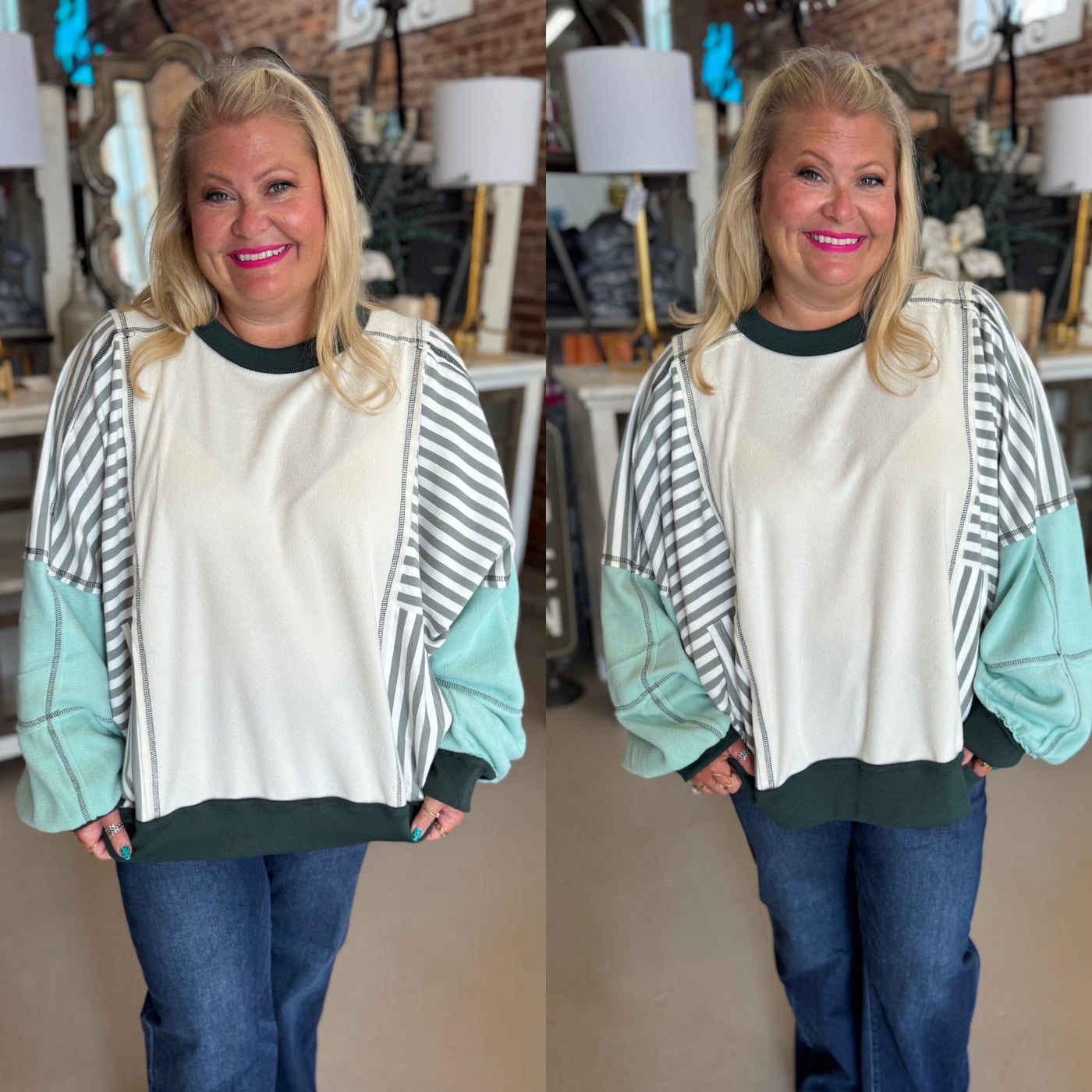 Cream/Green Colorblock tunic