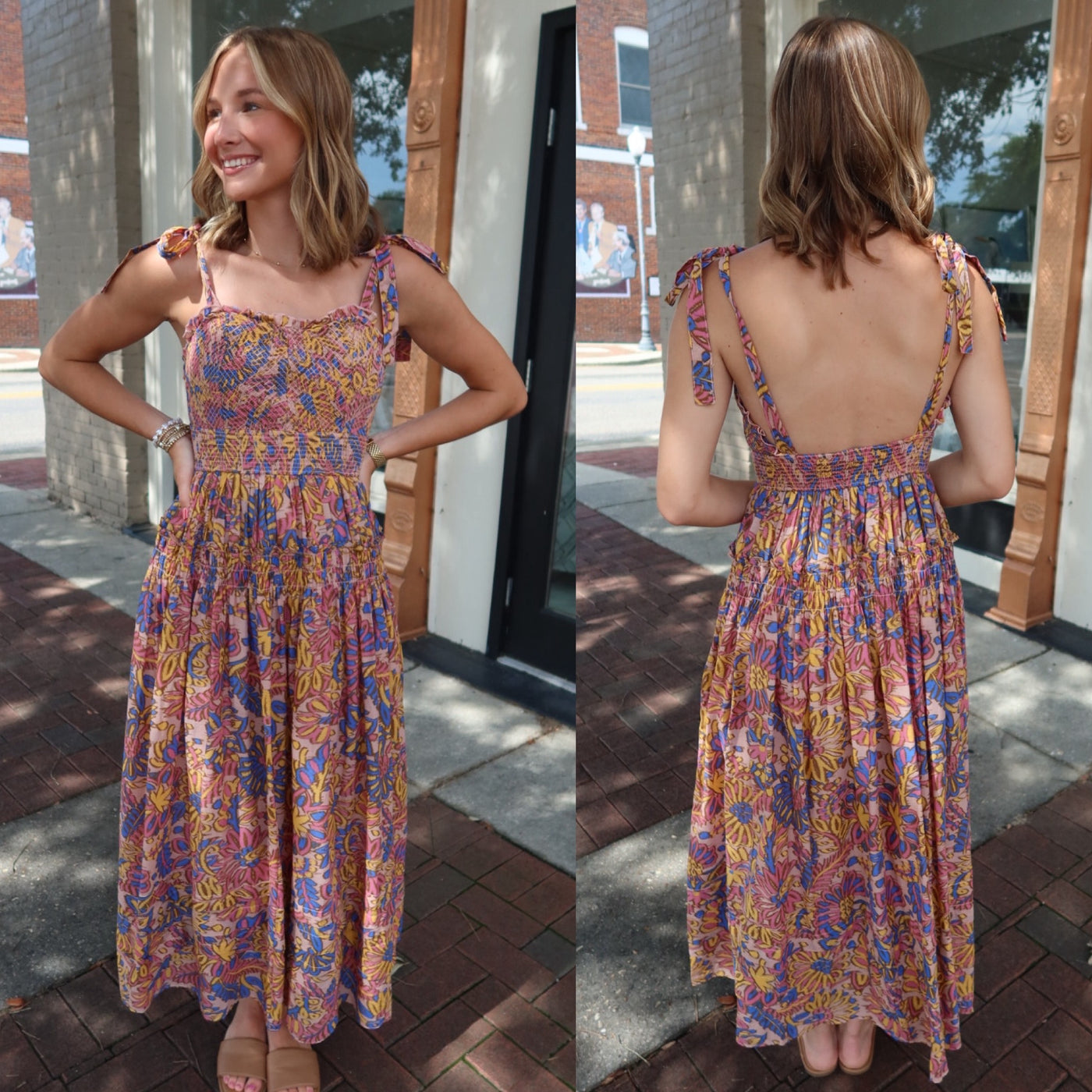 Smocked Tie Shoulder Maxi