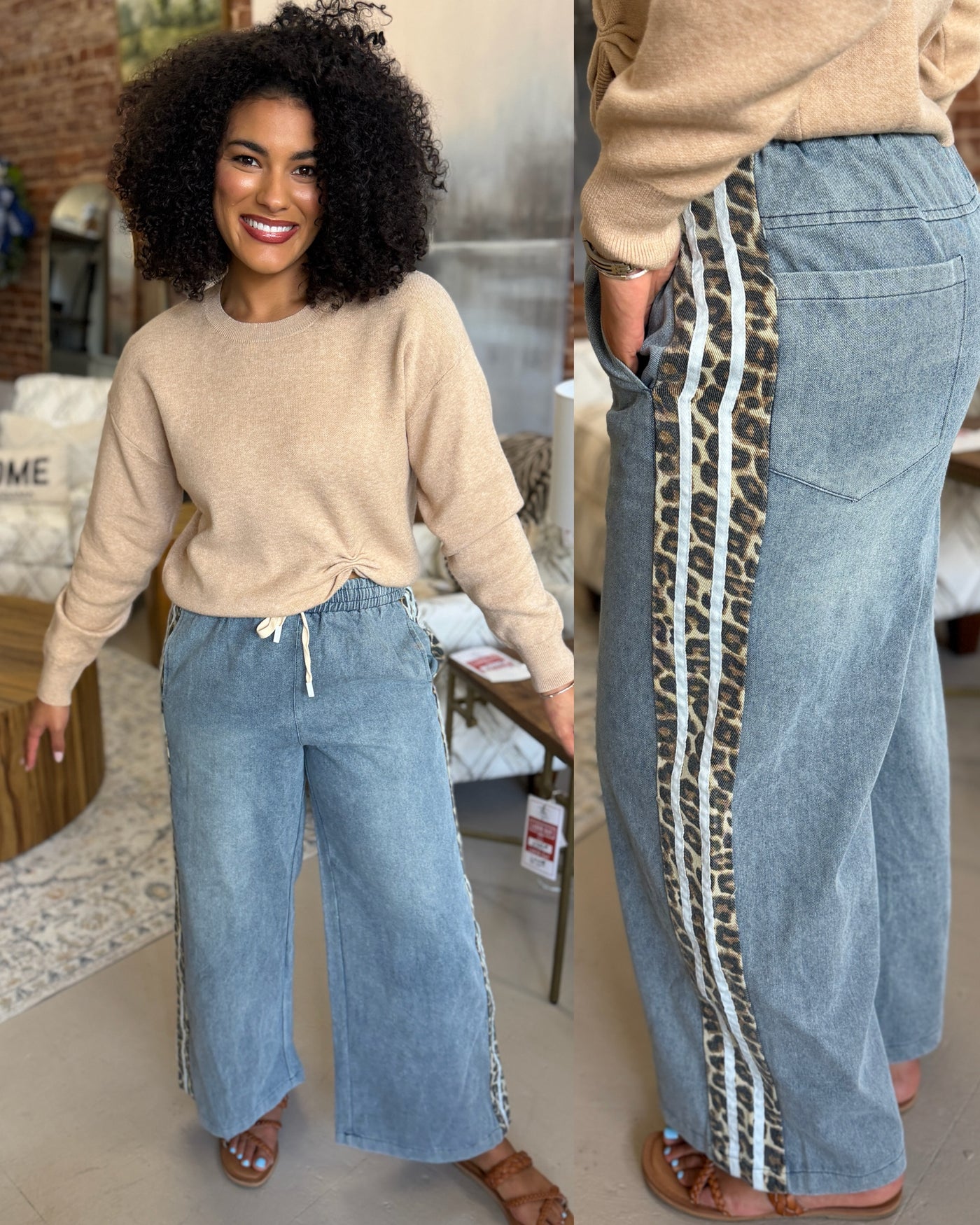 Leopard Accent Drawstring Denim