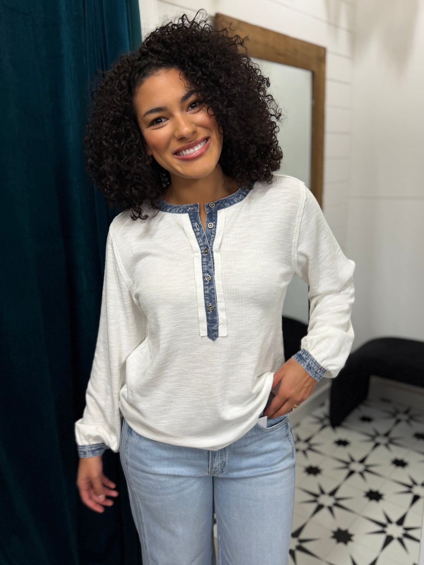 White Denim Trimmed Top