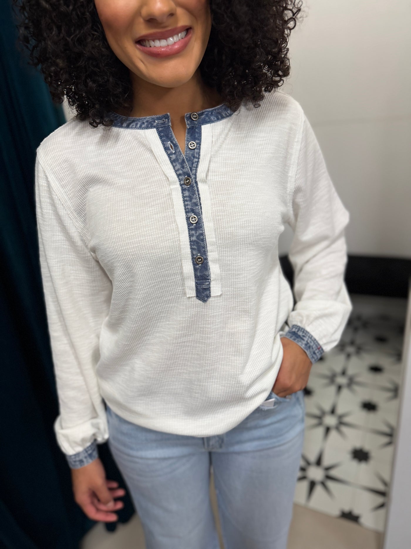 White Denim Trimmed Top
